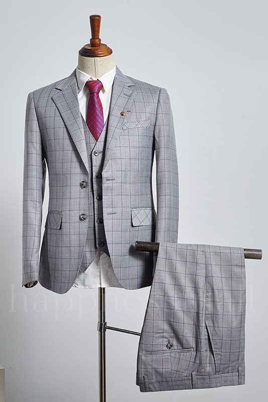 Sophia Stylish Gray Plaid 3 Pieces Slim Fit Tailored Business Suit