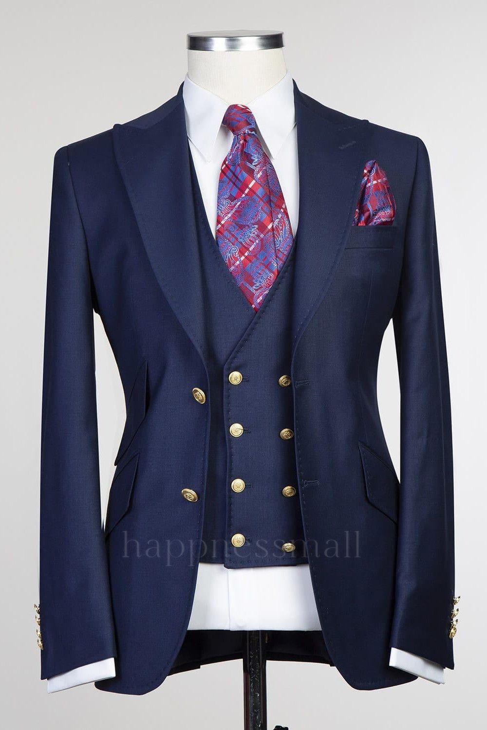 Sterling Chic Dark Navy Three Pieces Men Suits With Peaked Lapel