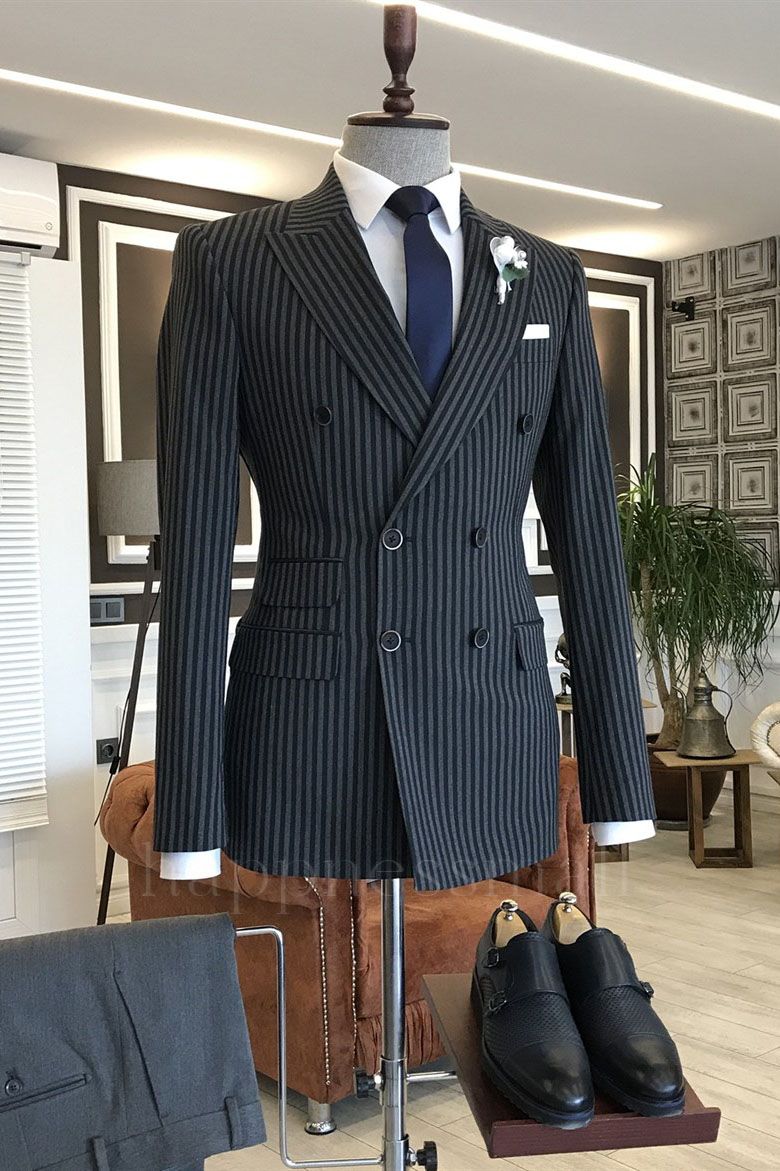 Classic Black Striped Double Breasted Peaked Lapel Business Suits | Happnessmall