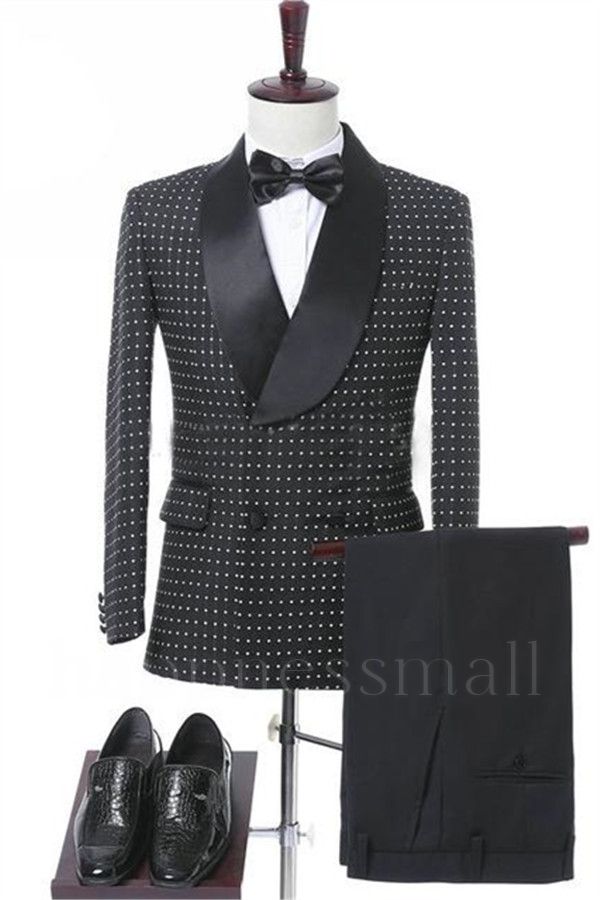 Fashion Black Double Breasted Wedding Groom Suit | Elegant Slim Fit Men Prom Suit