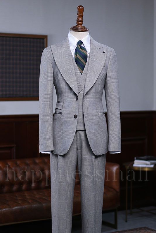 Maverick Popular Gray Plaid Slim Fit 3 Pieces Business Suit For Men