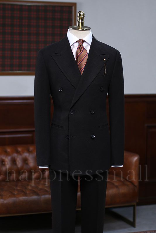 Simone Traditional All Black Peaked Lapel Double Breasted Custom Business Suit