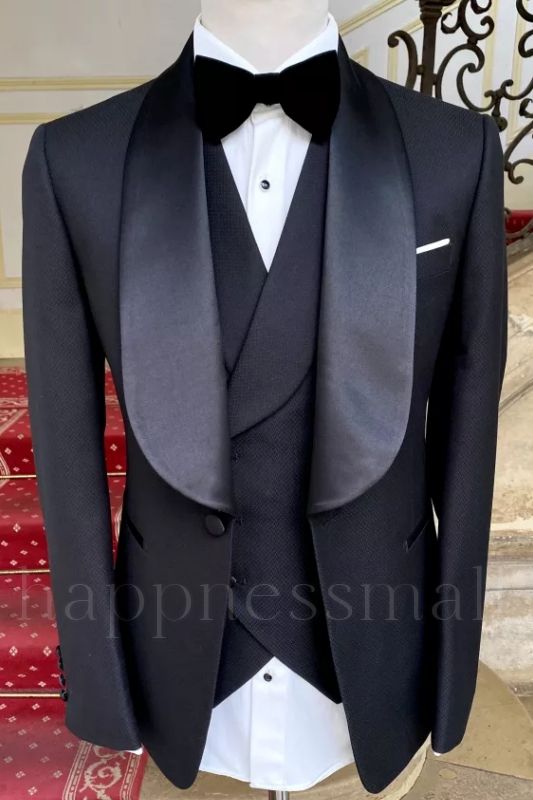 Formal black silk shawl three piece set for men's grooming