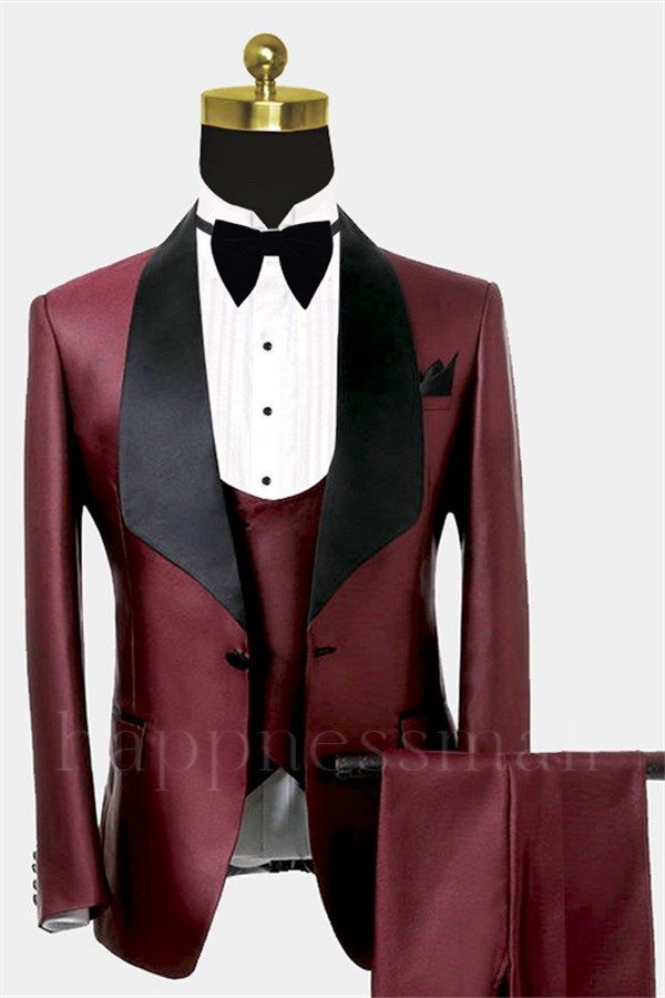 Chic Burgundy Three Pieces Men Suits | Black Shawl Lapel Tuxedo Online