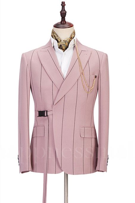 Chic Pink Striped Peaked Lapel Fitted Men Suits Online