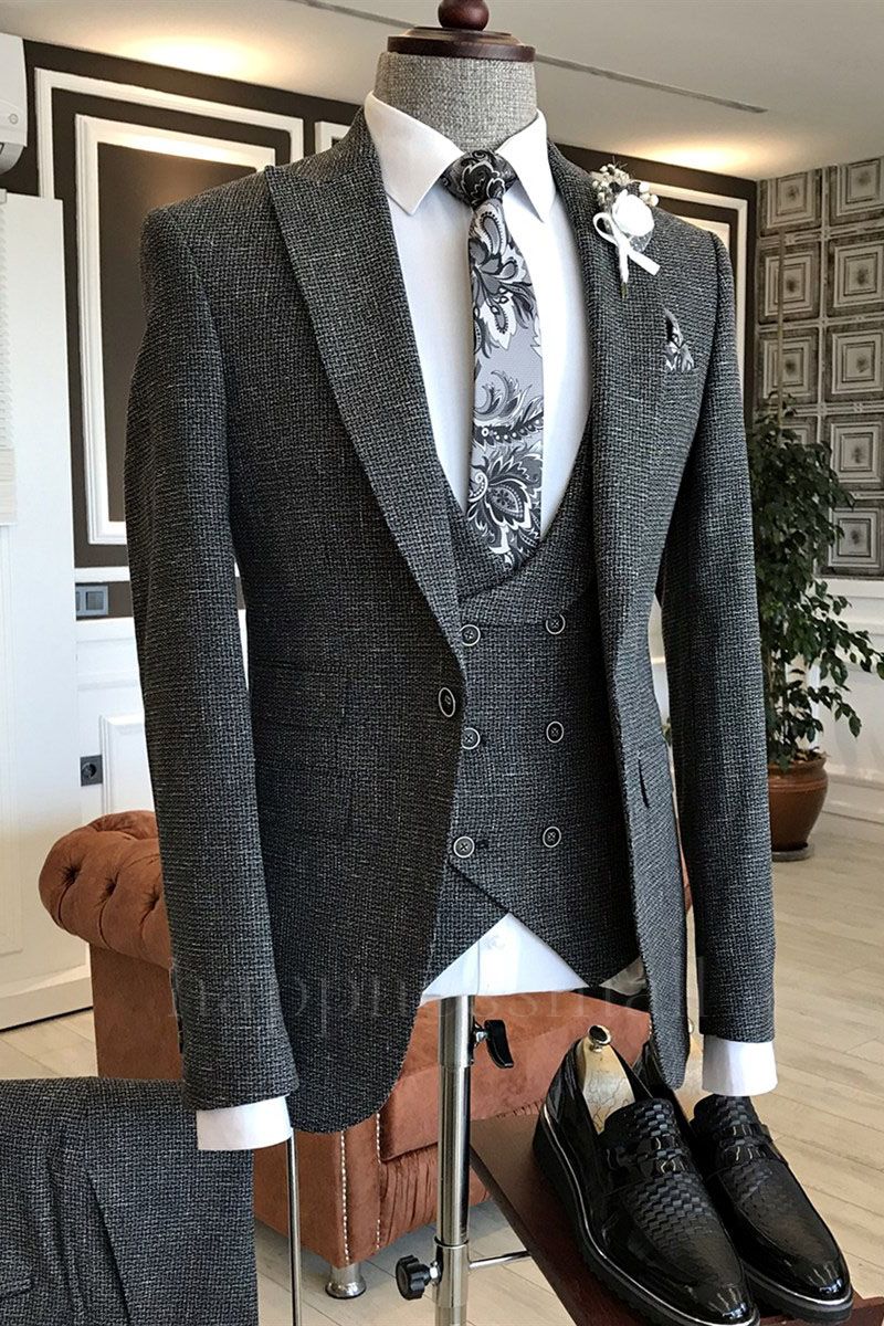 Pelagia Black Small Plaid Peaked Lapel Business Men Suits With Vest