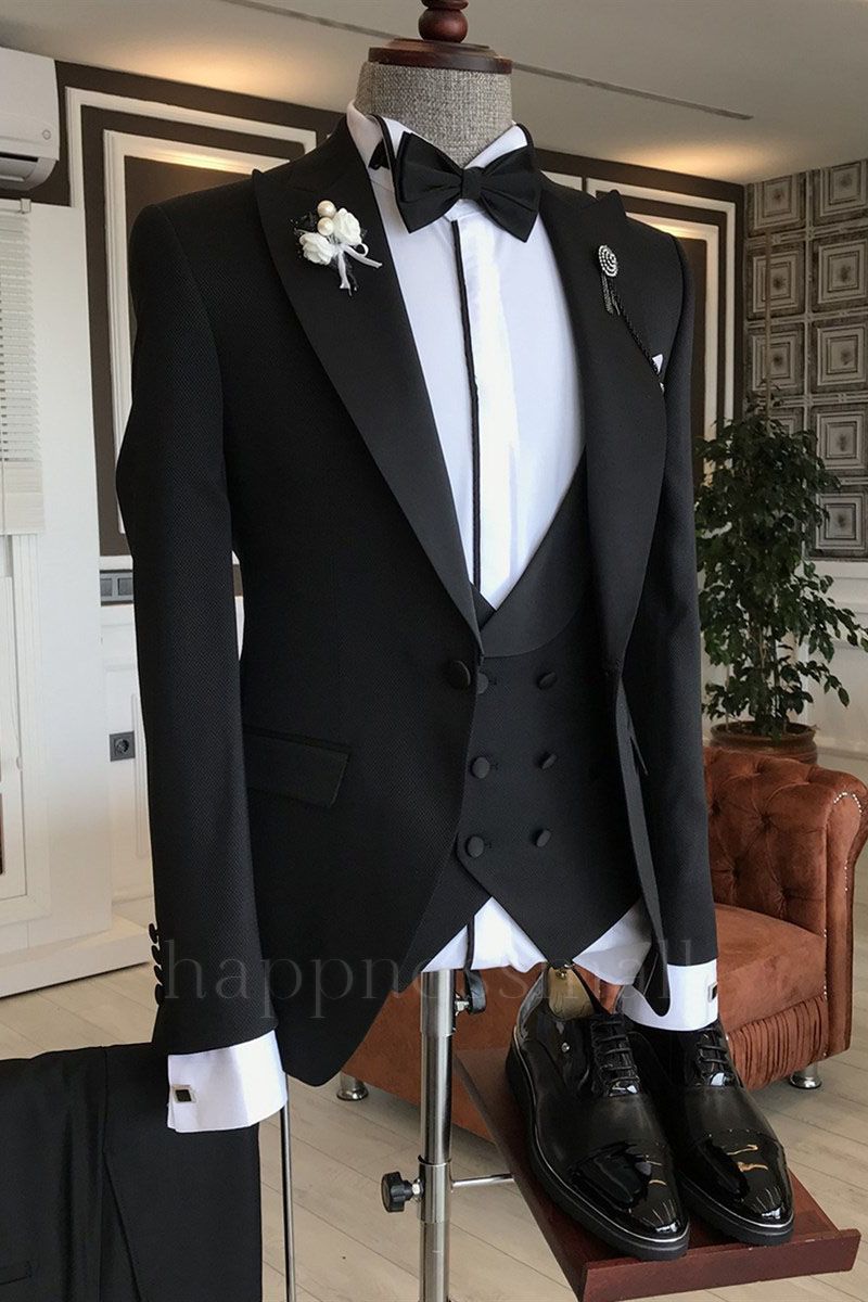 Finn Classic 3-pieces Black Peaked Lapel Slim Fit Men Business Suit