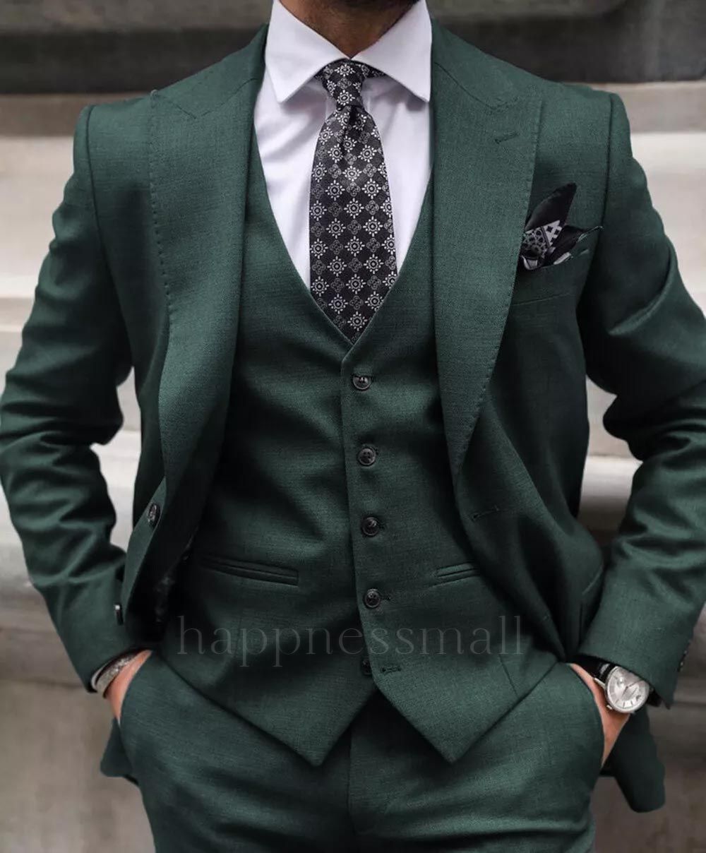 Best Green 3 Pieces Peak Lapel Men Suits | Happnessmall