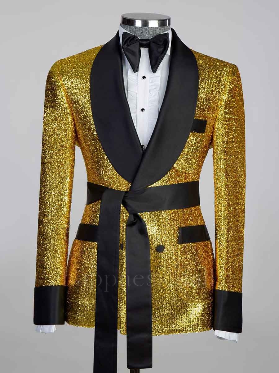 Glamorous Gold Double Breasted Black Shawl Lapel Man Prom Suits With Adjustable Belt