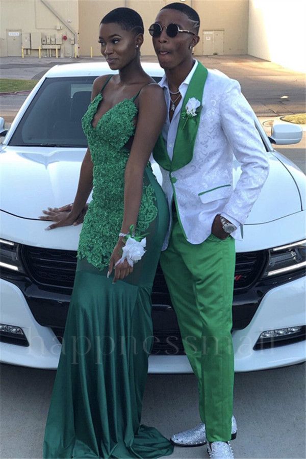 Beckett Chic White One Button Jacquard Prom Men Suits with Green Lapel