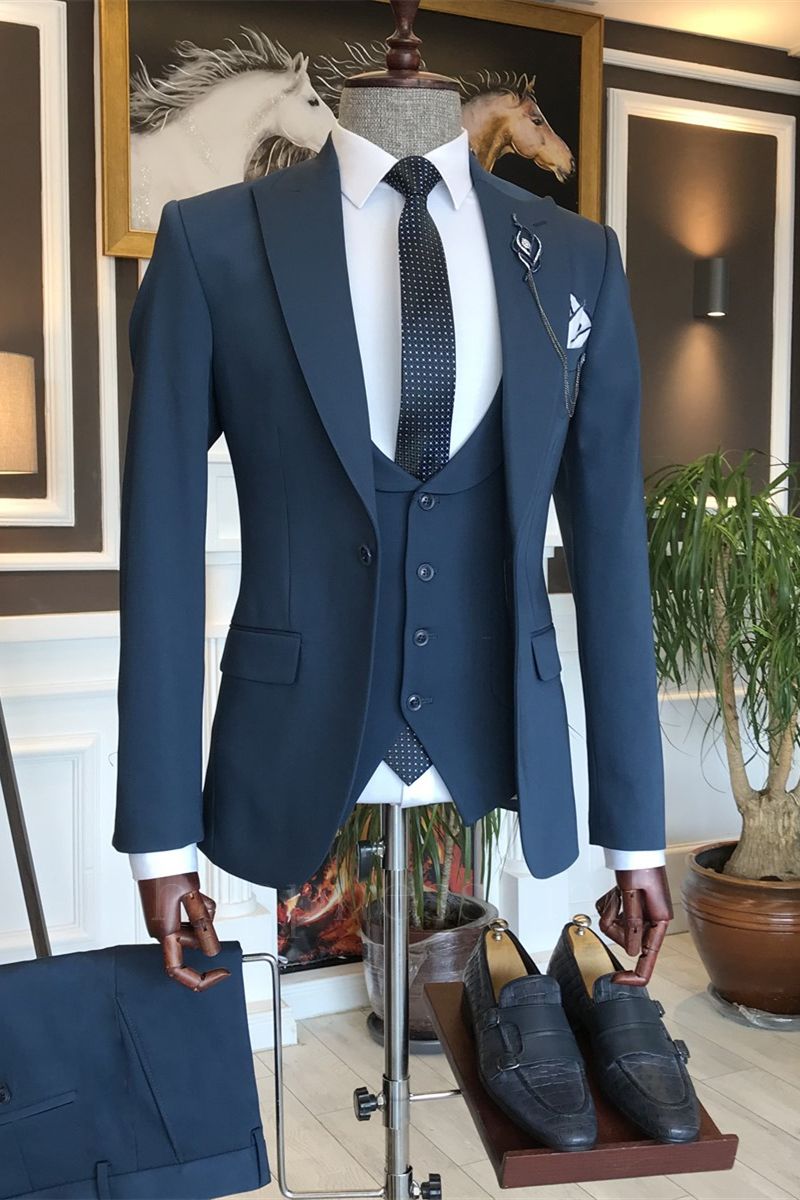 Advanced Navy Peaked Lapel Three Piece Men's Business Suit | Happnessmall