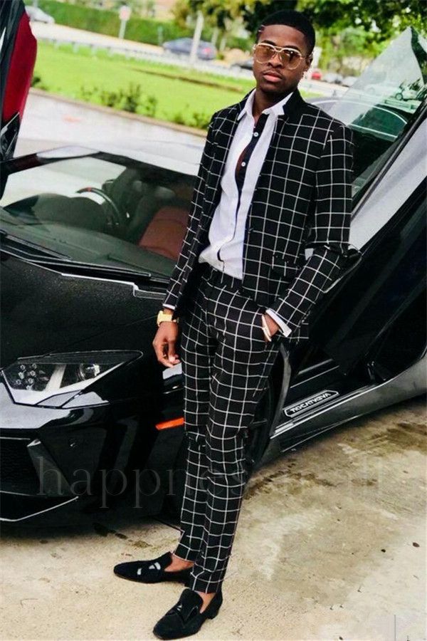 Peregrine Popular Black Slim Fit Plaid Men Suits For Prom