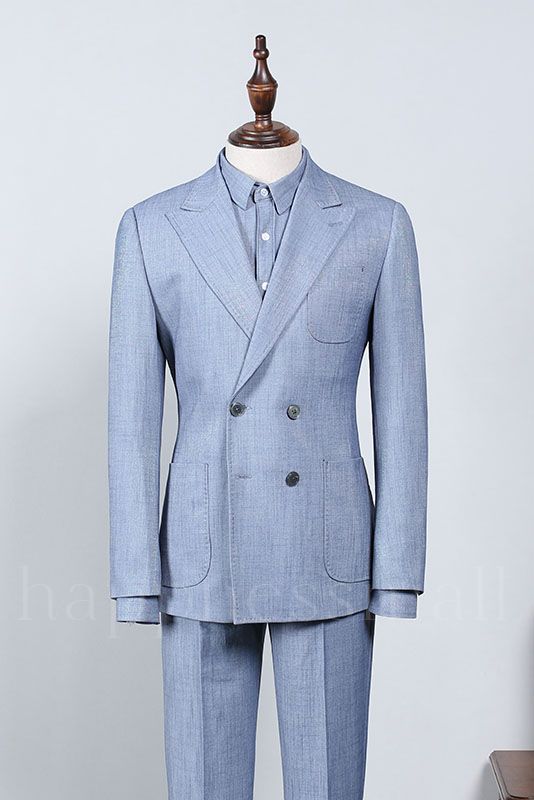 Fashion Sky Blue Plaid Peaked Lapel Tailored Business Suit