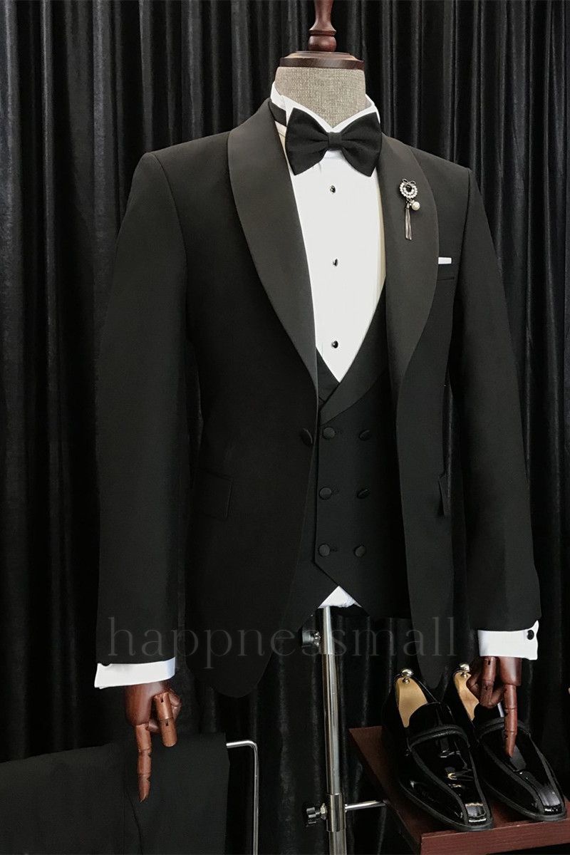 Stylish Black Shawl Lapel Three Pieces Best Fitted Men Suits | Happnessmall