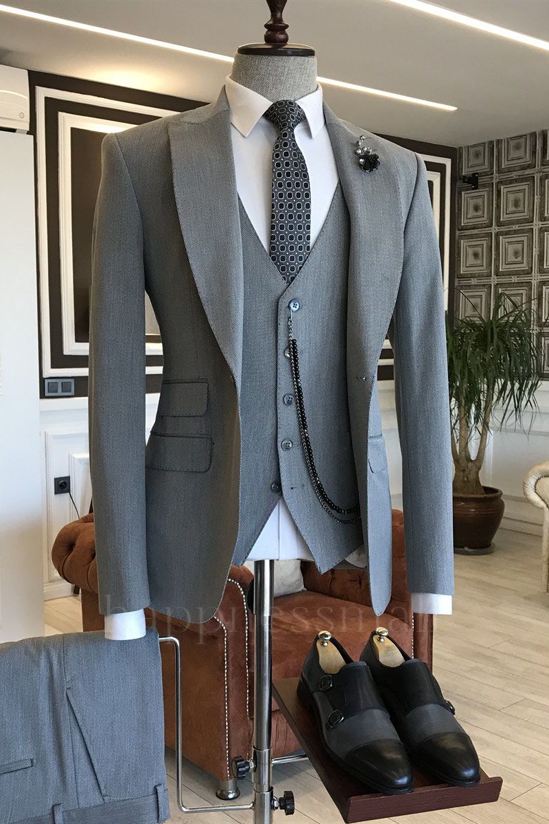 Ronin Stylish Gray Peaked Lapel Three-Pieces Men Suits for Business