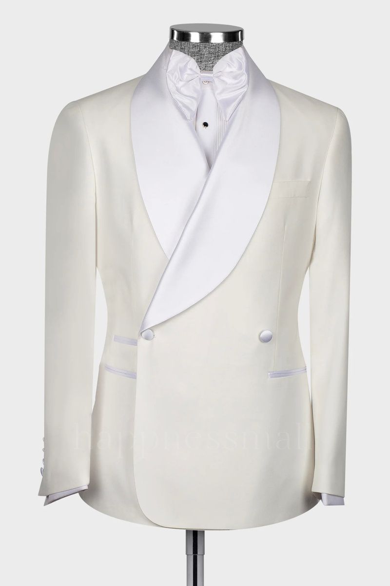 Greyson High Quality Solid Color White Double Breasted Shawl Lapel Men Wedding Suits
