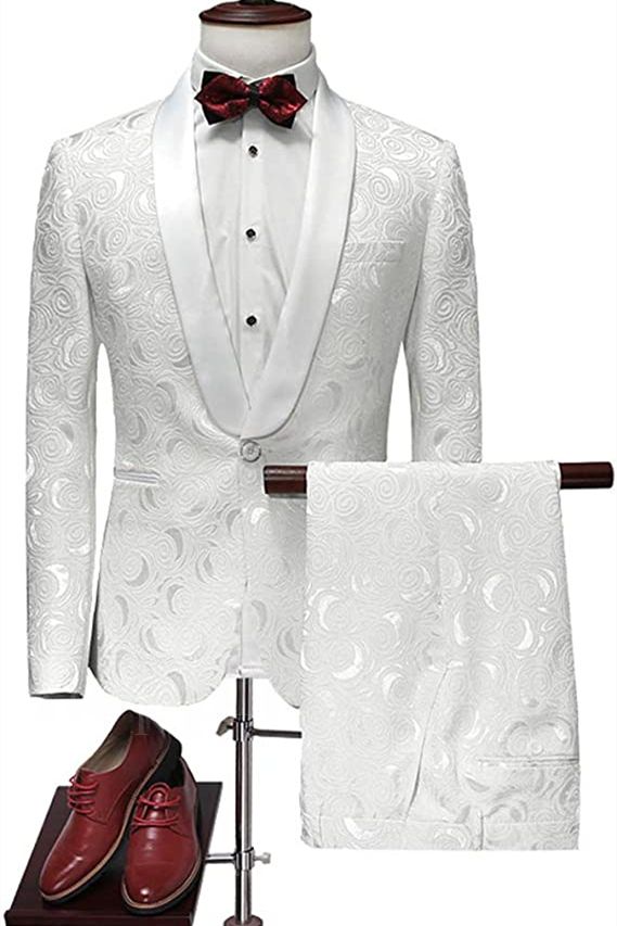 Latest Design White Jacquard Suits for Wedding Tuxedos Groom Wear | Shawl Lapel Groomsmen Outfit Man Blazers