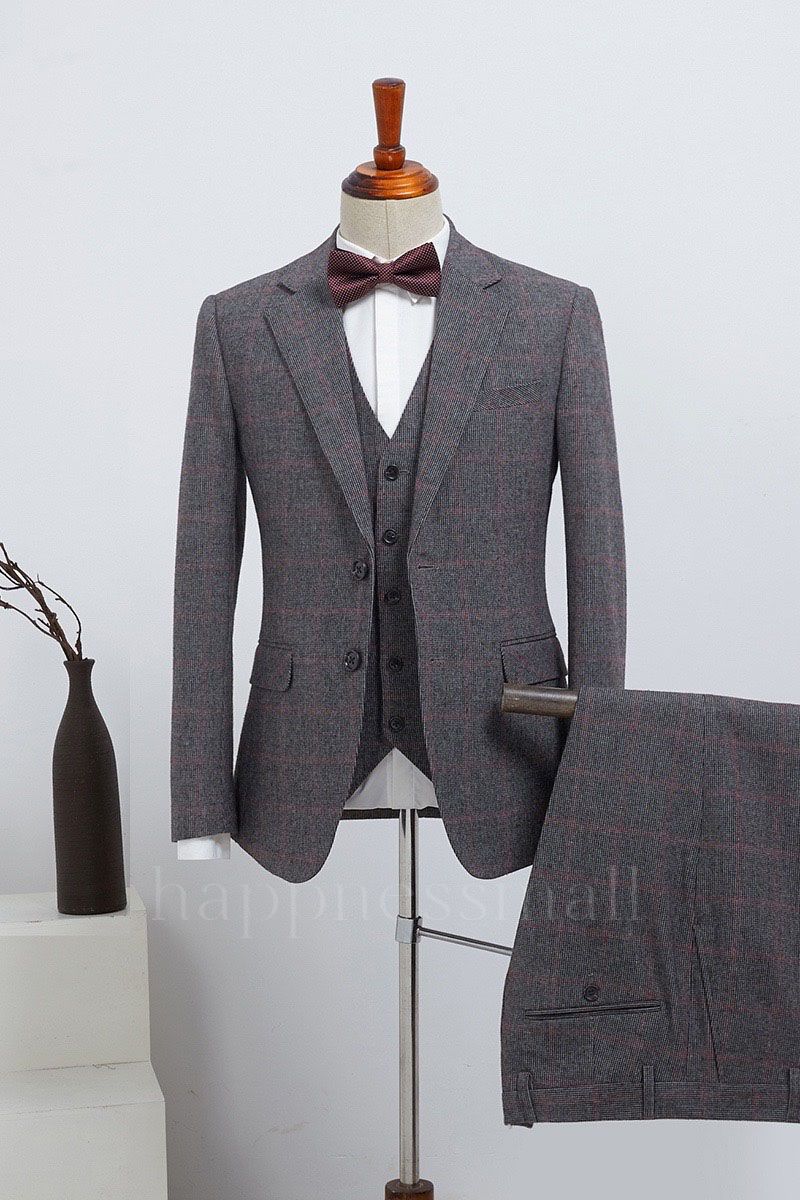 Elysia Popular Gray Plaid Notched Lapel 2 Button Custom Suit For Business