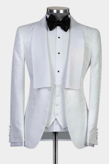 Xenia Special Design White Shawl Lapel Jacquard Three Pieces Men's Wedding Suits_1