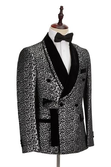 Stylish Black Stitching Silver Leopard Jacquard Men's Suit | Shawl Lapel Double Breasted Wedding Suit for Formal_3