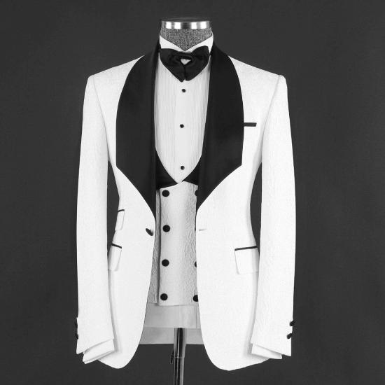 Chic White Three Pieces Shawl Lapel Jacquard Wedding Suits | Happnessmall_4