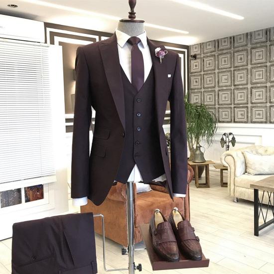 Classical Burgundy Peaked Lapel One Button 3 Flaps Business Men Suits_2