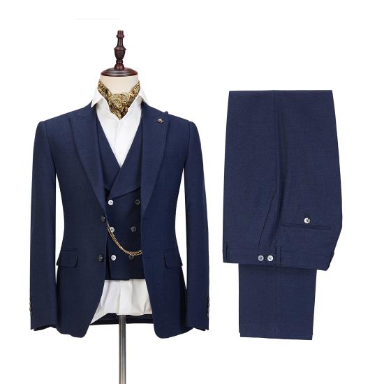 Fashion Dark Blue Three-Piece Fashion Peaked Lapel Wedding Men Suits Sale_3
