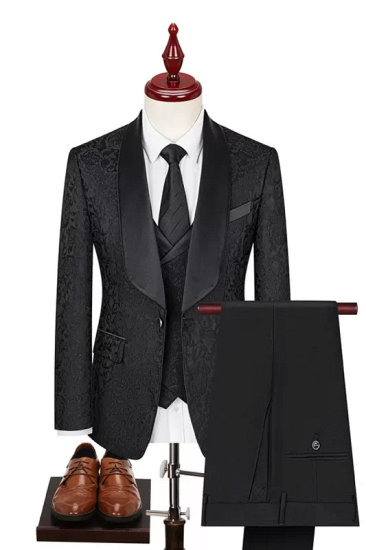 Newest Black Jacquard Shawl Lapel Three Pieces Prom Suits | Happnessmall_1