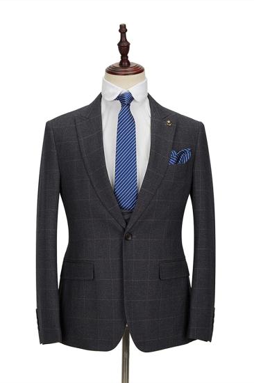 Fashion Dark Gray Plaid Peak Lapel 3 Piece Men's Suit with Double Breasted Waistcoat_3