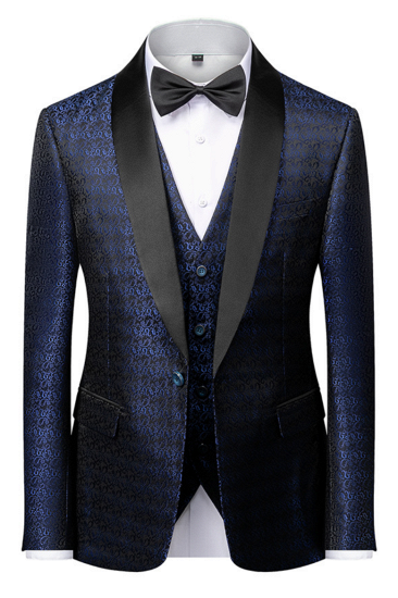Deep Sea Army Blue Satin Men's Wedding Tailcoat | Black Lapel Jacquard Men's Ball Suit