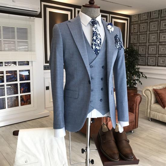Jams Trendy Blue Plaid Notched Lapel Double Breasted Business Suits For Men_2