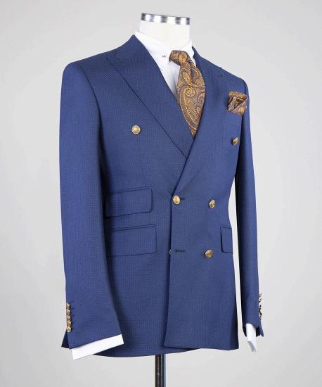 Popular Dark Blue Slim Fit Peaked Lapel Two Pieces Men Suits_2