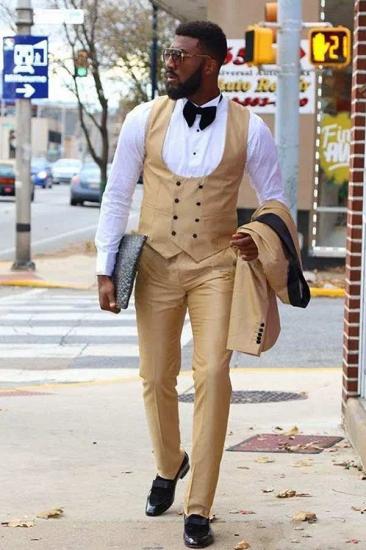 Ryder Champagne Three Piece Formal Business Men Suit with Black Knife Collar_2