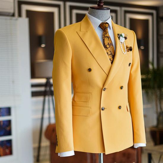 Dimitris Popular Yellow Peaked Lapel Double Breasted Tailored Prom Suits_2
