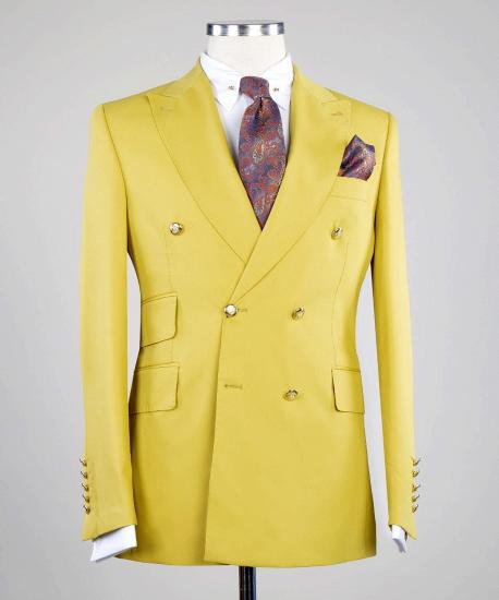 Unique Yellow Peaked Lapel Double Breasted Two Pieces Men Suits_3