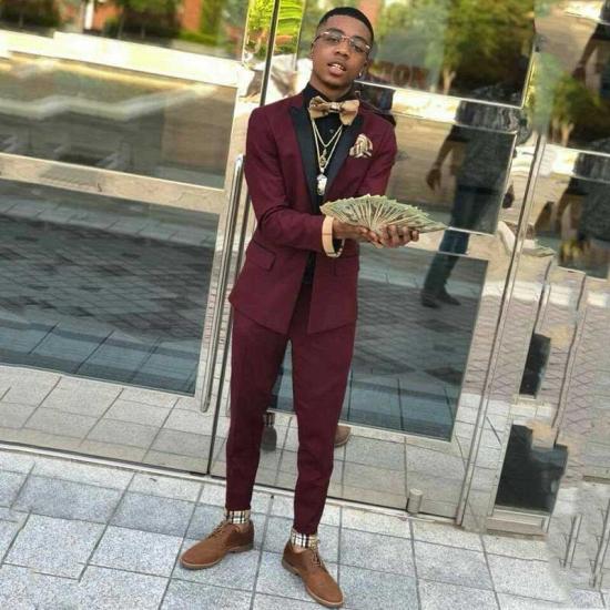 Caspian Handsome Burgundy Two Piece Mens Suits with Black Lapel_2