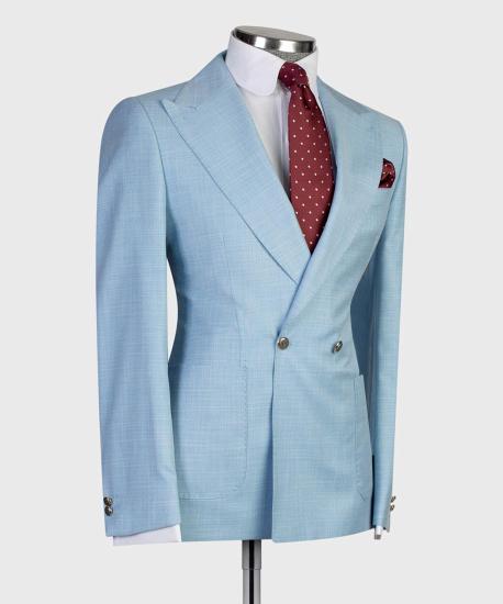 Irene New Fashion Sky Blue Double Breasted Peaked Lapel Men Suits_3