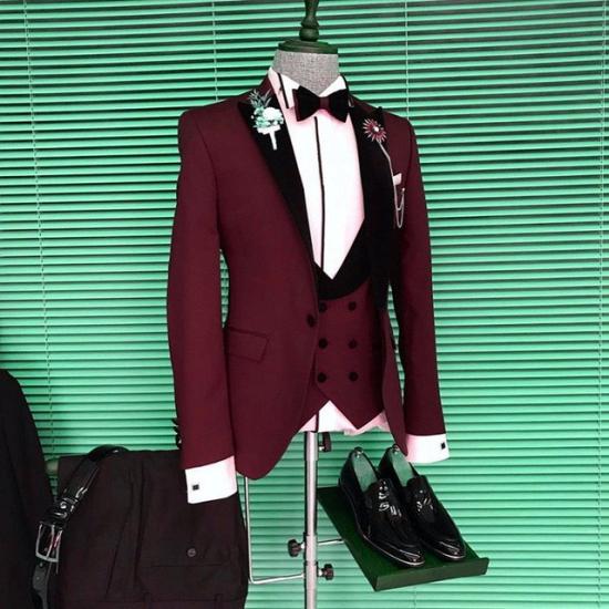 Tassos Burgundy Slim Fit Three Pieces Men Suits with Black Peaked Lapel_2