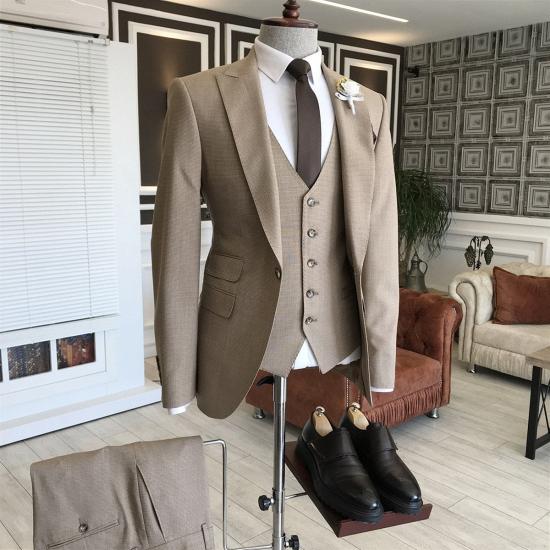 Andrew Light Brown 3-Pieces Peaked Lapel Slim Fit Formal Men Business Suits_2