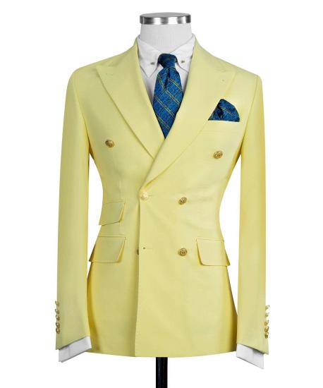 Chic Yellow Double Breasted Peaked Lapel Slim Fit Men Suits_3