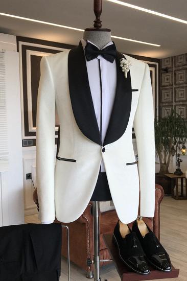 Custome Simple White Shawl Lapel Wedding Suit For Grooms | Happnessmall_1
