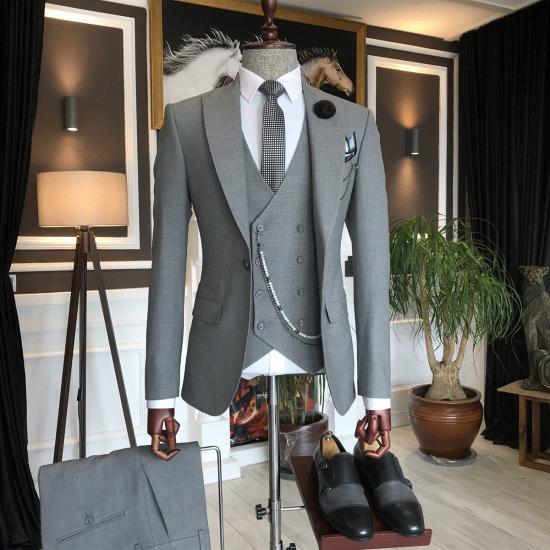 Elegant Dark Gray Peaked Lapel Formal  3-Pieces Suits For Men | Happnessmall_2
