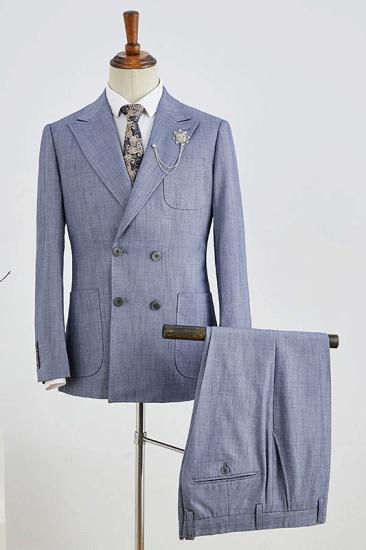 Ravenna Trendy blue plaid peaked lapel double breasted custom business suit
