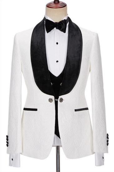 Evelyn New Fashion White Jacquard Three Pieces Wedding Men Suits with Velvet Lapel_1