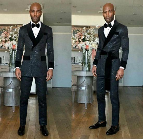 Charlotte Black Double Breasted Slim Fit Wedding Groom Suits With Shawl Lapel_2