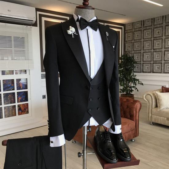 Finn Classic 3-pieces Black Peaked Lapel Slim Fit Men Business Suit_2