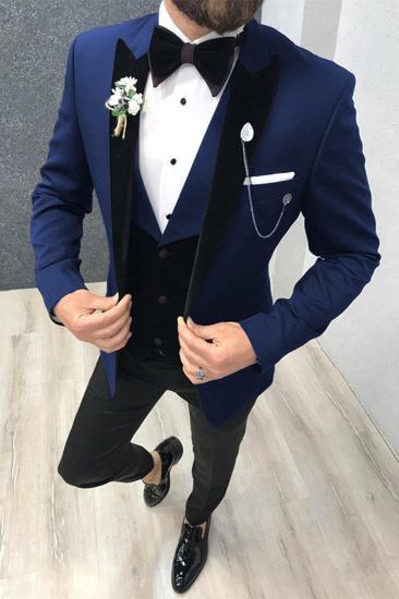 Black-and-blue Peak Lapel 3 Piece Wedding Suits Tuxedos with Waistcoat  | happnessmall_1