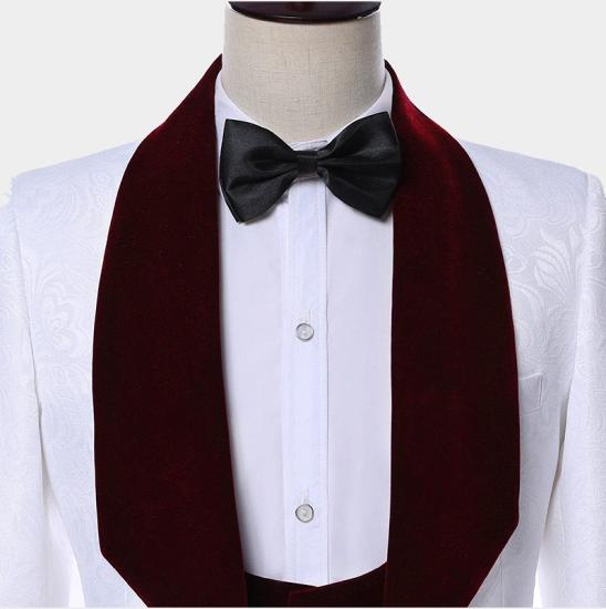 Popular White Jacquard Men Suits with Burgundy Lapel | Floral Tuxedo_4