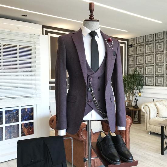 Krogan Gentle Dark Purple Peaked Lapel Double Breasted Waistcoat Business Suits For Men_2