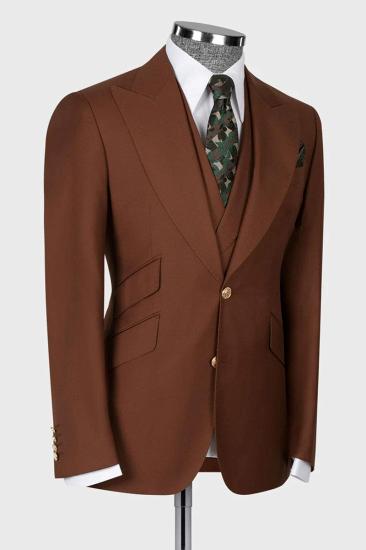 Popular Brown 3 Piece Peaked Lapel Slim Fit Men Suits With Classic Vest_3